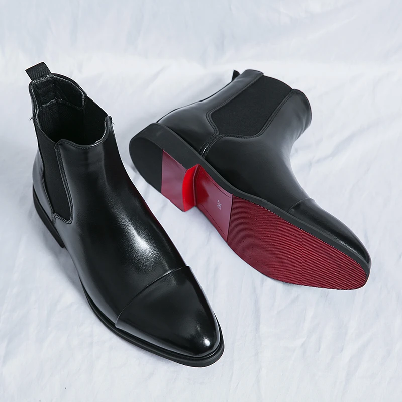 Chelsea Boots for Men Red Sole Pu Ankle Business Round Toe Slip-On Mens Boots Free Shipping Size 38-46 Men Shoes - Image 8