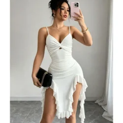 Dresses for Women Fashion Summer Spaghetti Strap Women Dress Asymmetrical White…