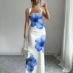 Slim Fit Hanging Neck Strapless Long Skirt Waist Cinching Elastic Hip Hugging…