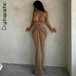 Halter Cut-Out Draped Super-Cut Back Bare Elegant Party Maxi Dress Waistless…
