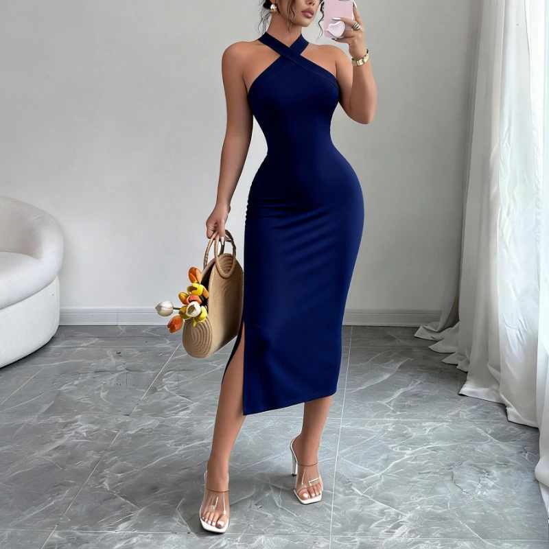 Women's Burgundy Halter Neck Sleeveless Stretchy Knit Bodycon Midi Dress Side Slit… - Image 3