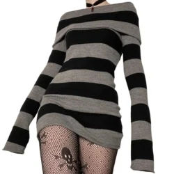 Women Striped Mini Bodycon Dress Stripe Boat-Neck Off Shoulder Long Sleeve Short…