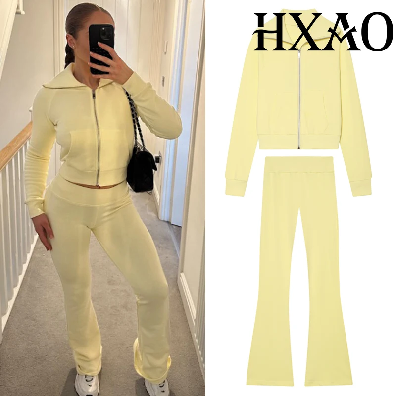 HXAO Flared Pants Sweatshirt Set 2 Piece Set Cropped Long Sleeve Top Tight Bootcut…