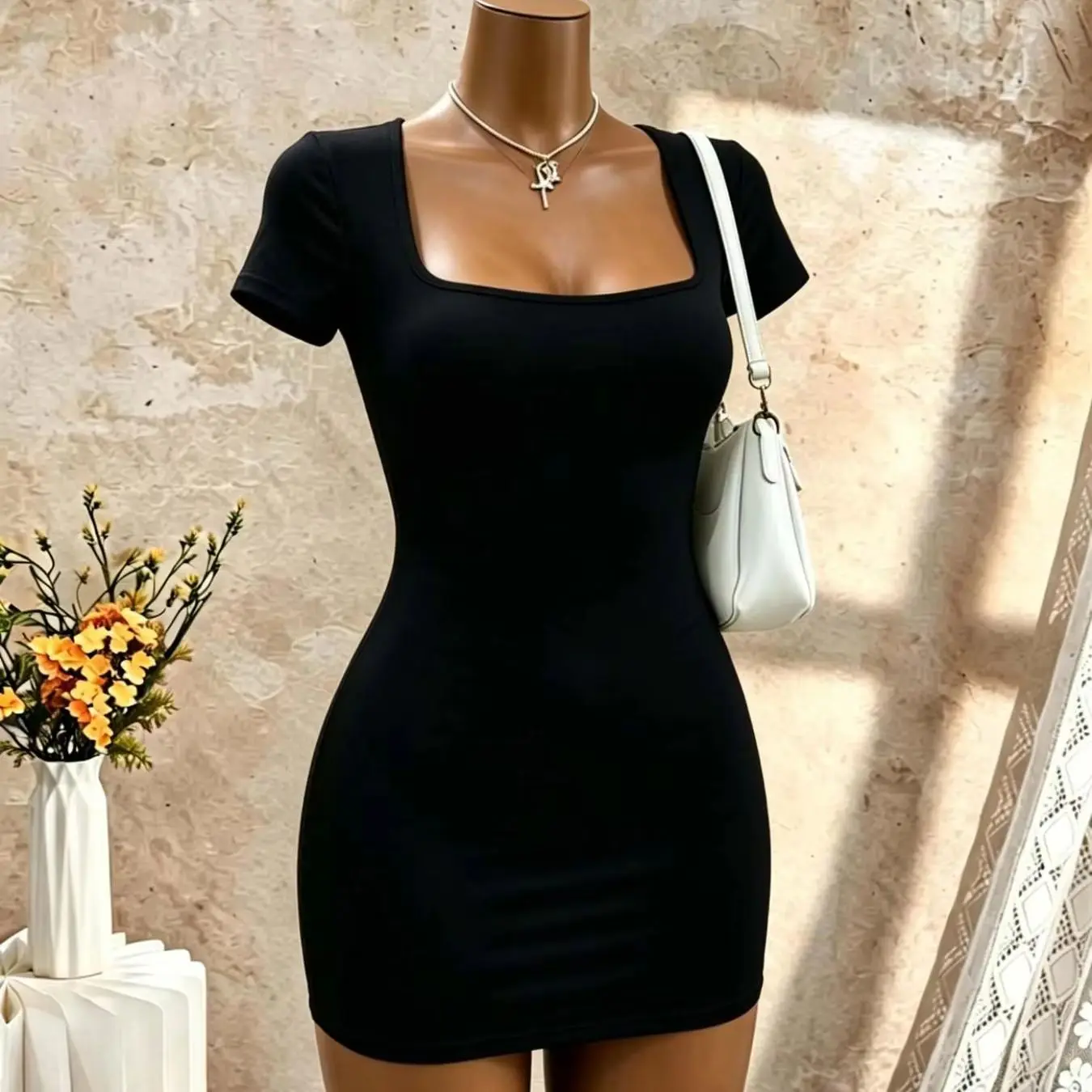Women Square Neck Short Sleeve Bodycon Mini Dress Solid Black Slim Fit Pencil Club… - Image 14