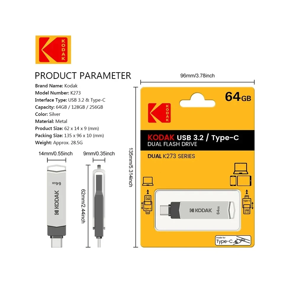 KODAK USB3.2 Type C Flash Drive 256GB 128GB 32GB Pendrive High Speed Dual Memory… - Image 6