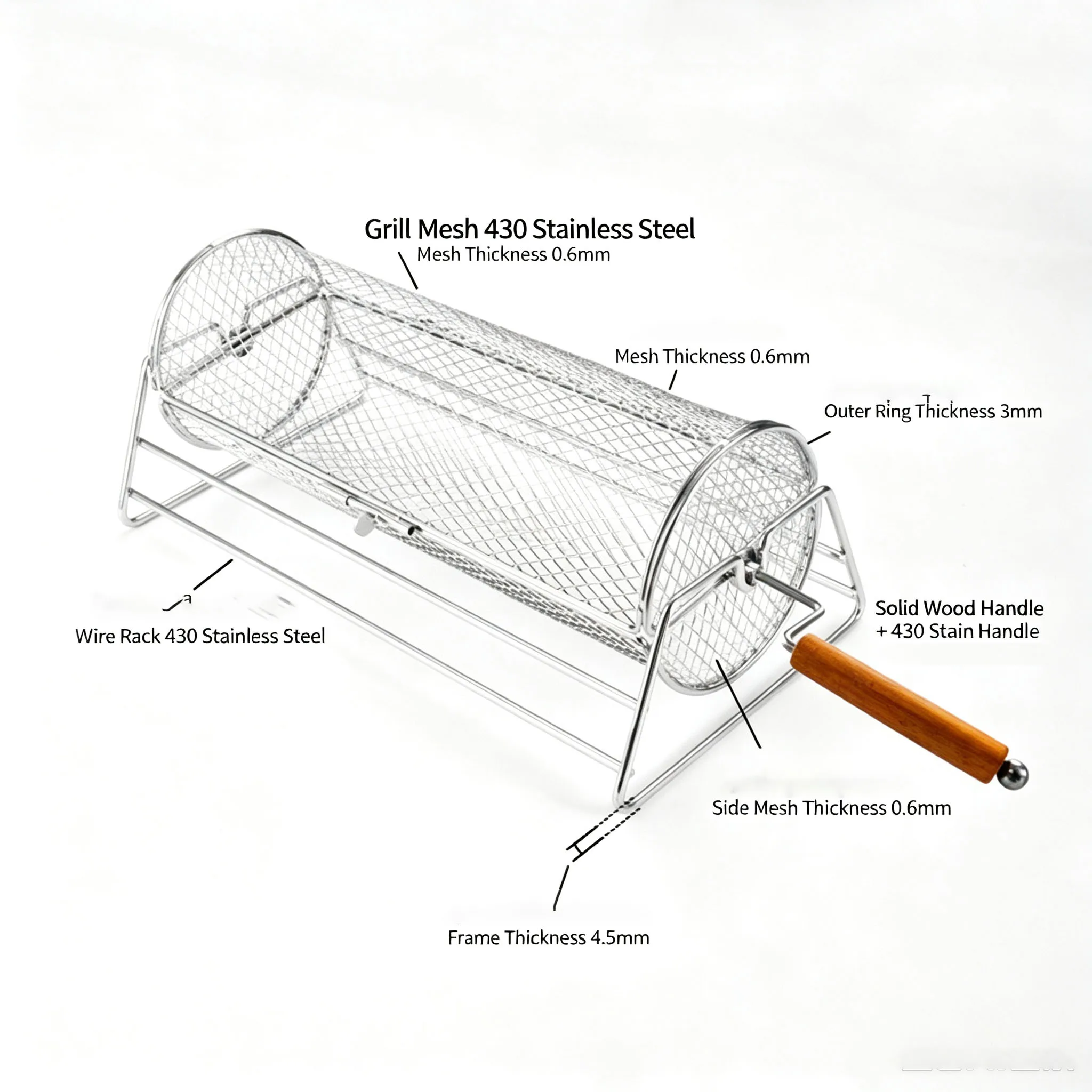 Rolling BBQ Grill Basket Cylinder Rotating 430 Stainless Steel Wooden Handle for… - Image 3