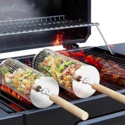 1pcs Outdoor Camping BBQ Round Cylinder Grill Basket Stainless Steel Rolling Mesh…