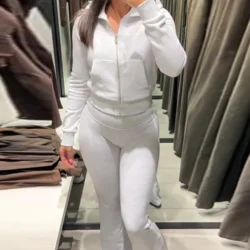 Zipper Plush Jacket Long Pants Lady Set Solid Color Lapel Jackets High Waist Slim…