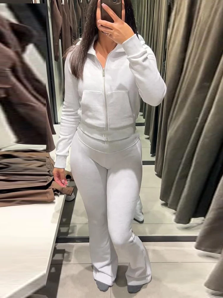 Zipper Plush Jacket Long Pants Lady Set Solid Color Lapel Jackets High Waist Slim…