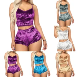 Women's Velvet Polyester Comfortable V-neck Underwear Setcamisole+shorts Pajamas…