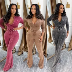 Trends 2026 Women's Sets Acid Washed Long Sleeve Zip Tops and Flare Pants Suit…