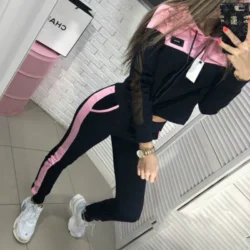 European and American Autumn 2024 Women's Mesh Patchwork Hoodie Set Two-piece Set