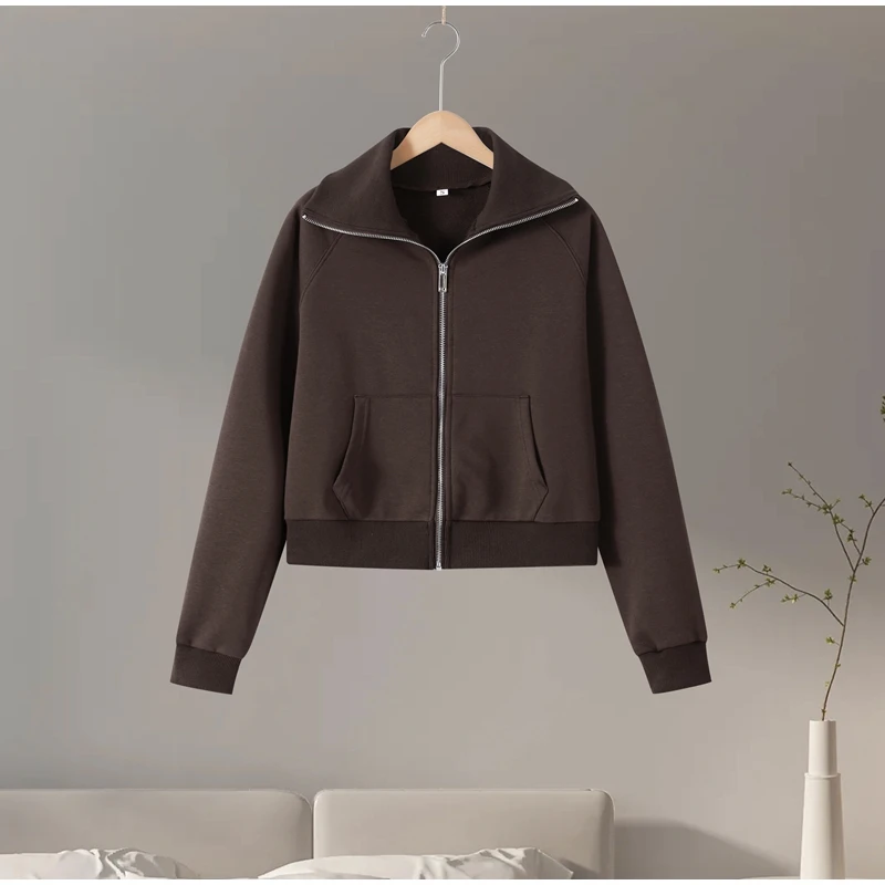 Zipper Plush Jacket Long Pants Lady Set Solid Color Lapel Jackets High Waist Slim… - Image 7