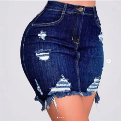 Denim Skirt Women Summer Skirts Hole High Waist Stretch Ripped Pockets Distressed…