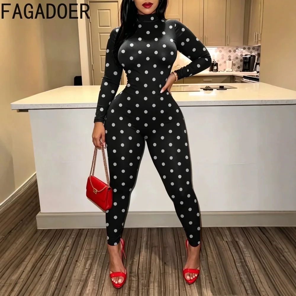FAGADOER Sexy Women Polka Dot Bodycon Jumpsuit High Neck Long Sleeve Slim Fit One… - Image 2
