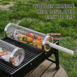 Stainless Steel Rolling BBQ Grill Basket, Wooden Handle Rotatable Mesh Barbecue…