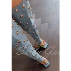 Gold Metal Rivets Embellishment High Heel Boot Women Denim Square Toe Stiletto…