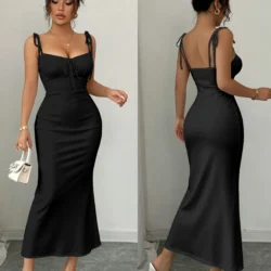 Soft Matte Black Fishtail Skirt with Double Shoulder Bow Ties + Chest Ruching for…