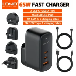LDNIO 65W USB C Charger Travel Charger GaN Charger 3 Port International Plug…