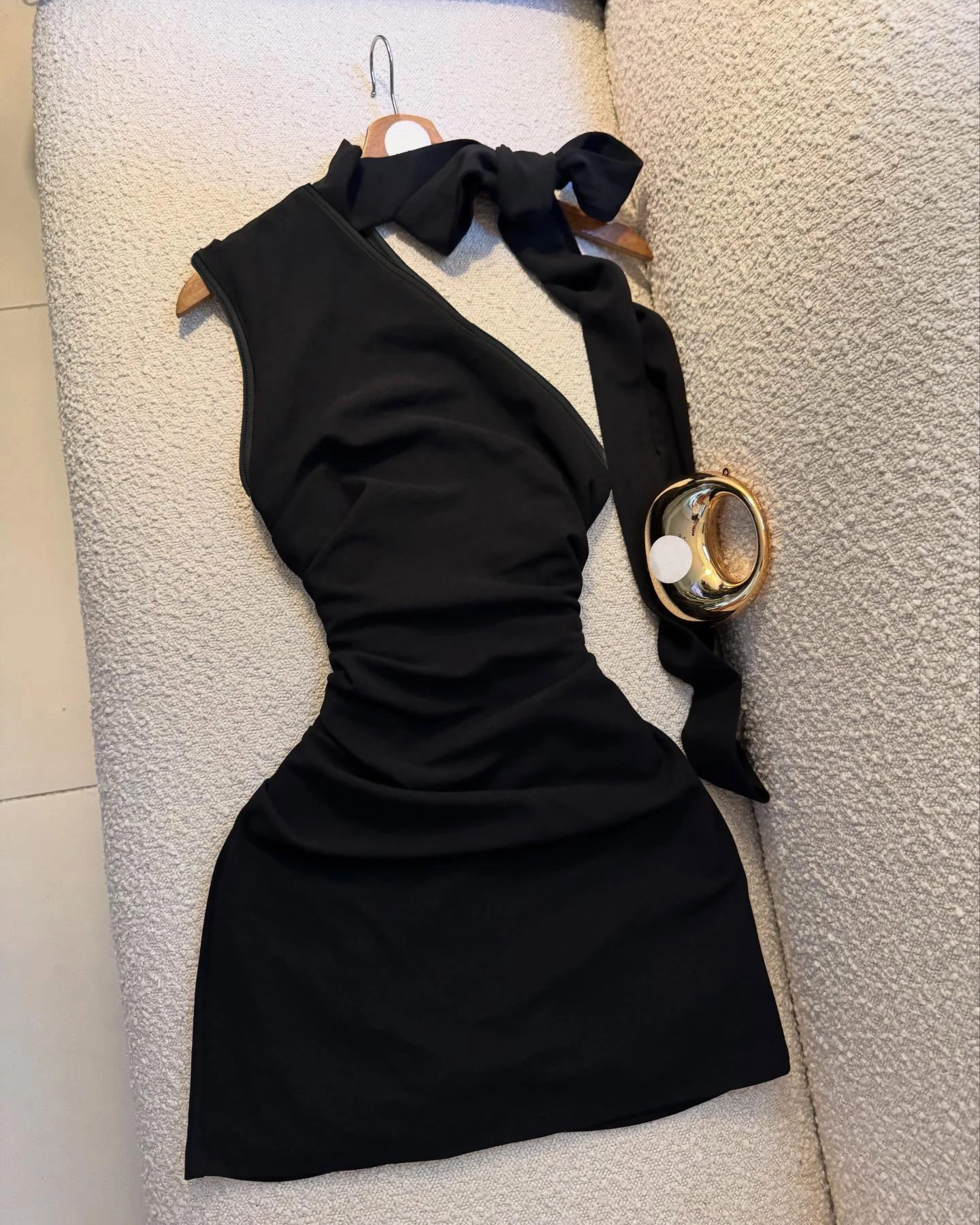 A Black One-Shoulder Halter-Neck Dress with a Bow, Pleated and Fitted Short Dress… - Image 7