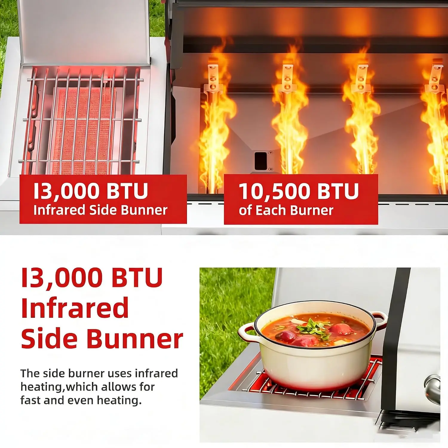 4 Burner Gas Grill with Infrared Side Burner, Side Shelves, Wheels, Custom - Image 3