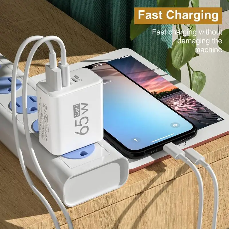 New 1Pcs 65W GaN USB Charger 3 Ports PD Type C Fast Charging EU/US/KR Plug Travel… - Image 5
