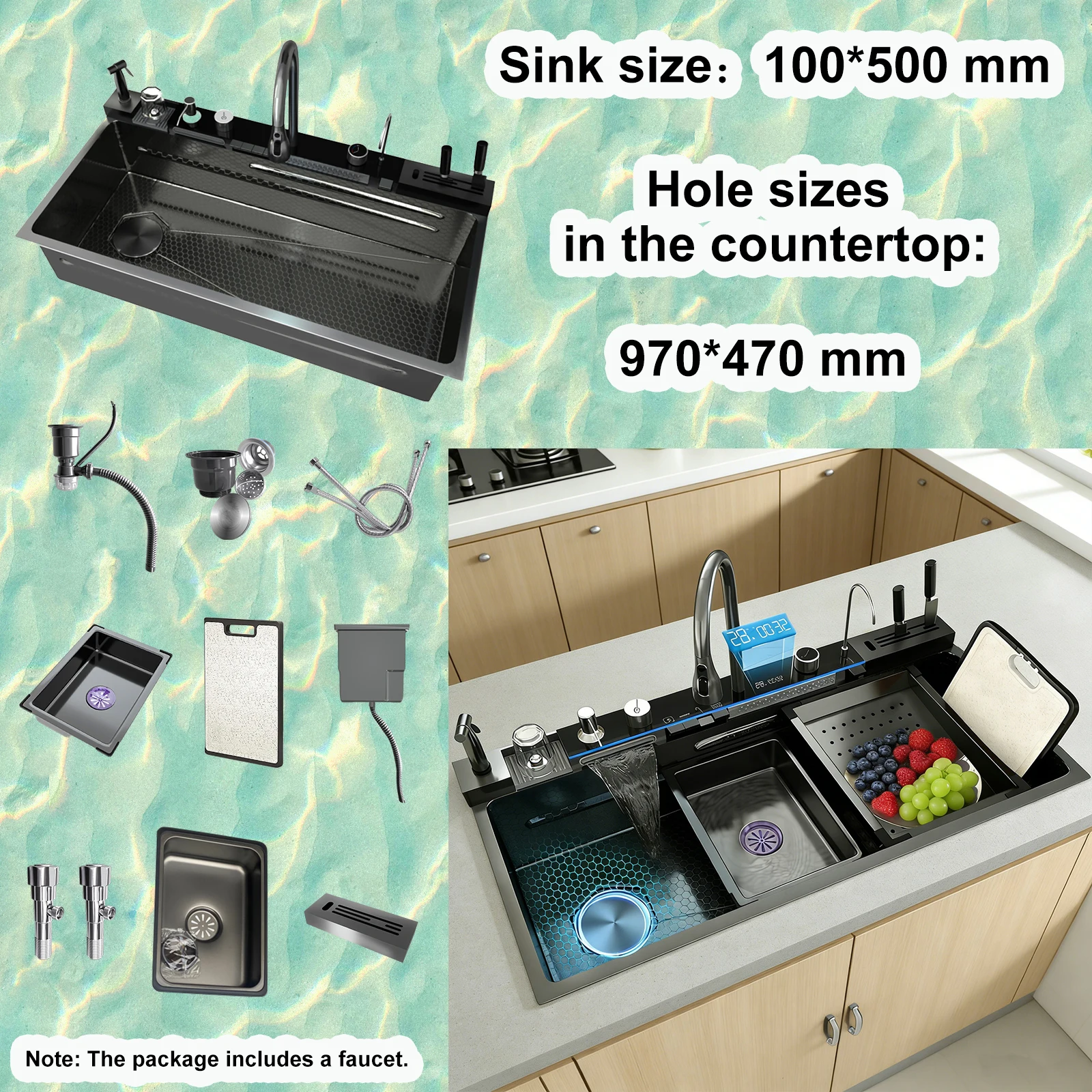 Multifunctional Sinks Stainless Steel Waterfall Kitchen Sink Includes 120 × 50… - Image 8