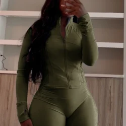 Tracksuit Sales Women Green Two 2 Piece Set Spring Fall Long Sleeve Zip Jacket Top…