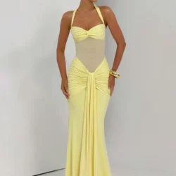 Mozision Halter Backless Sexy Maxi Dress Women Fashion Patchwork Off-shoulder…