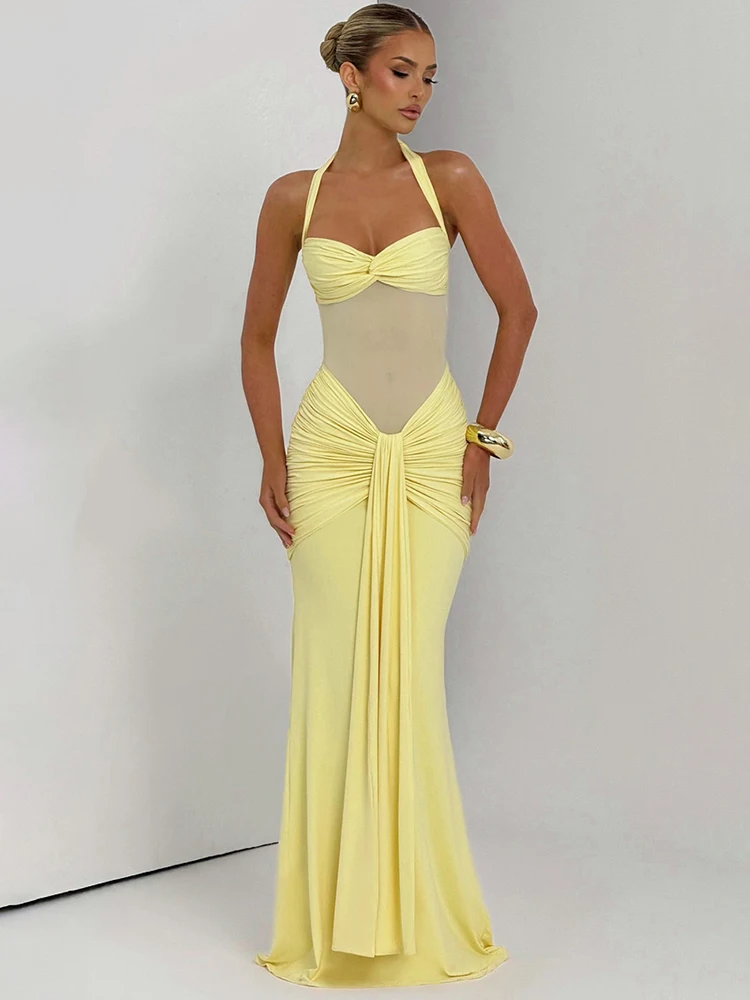 Mozision Halter Backless Sexy Maxi Dress Women Fashion Patchwork Off-shoulder…