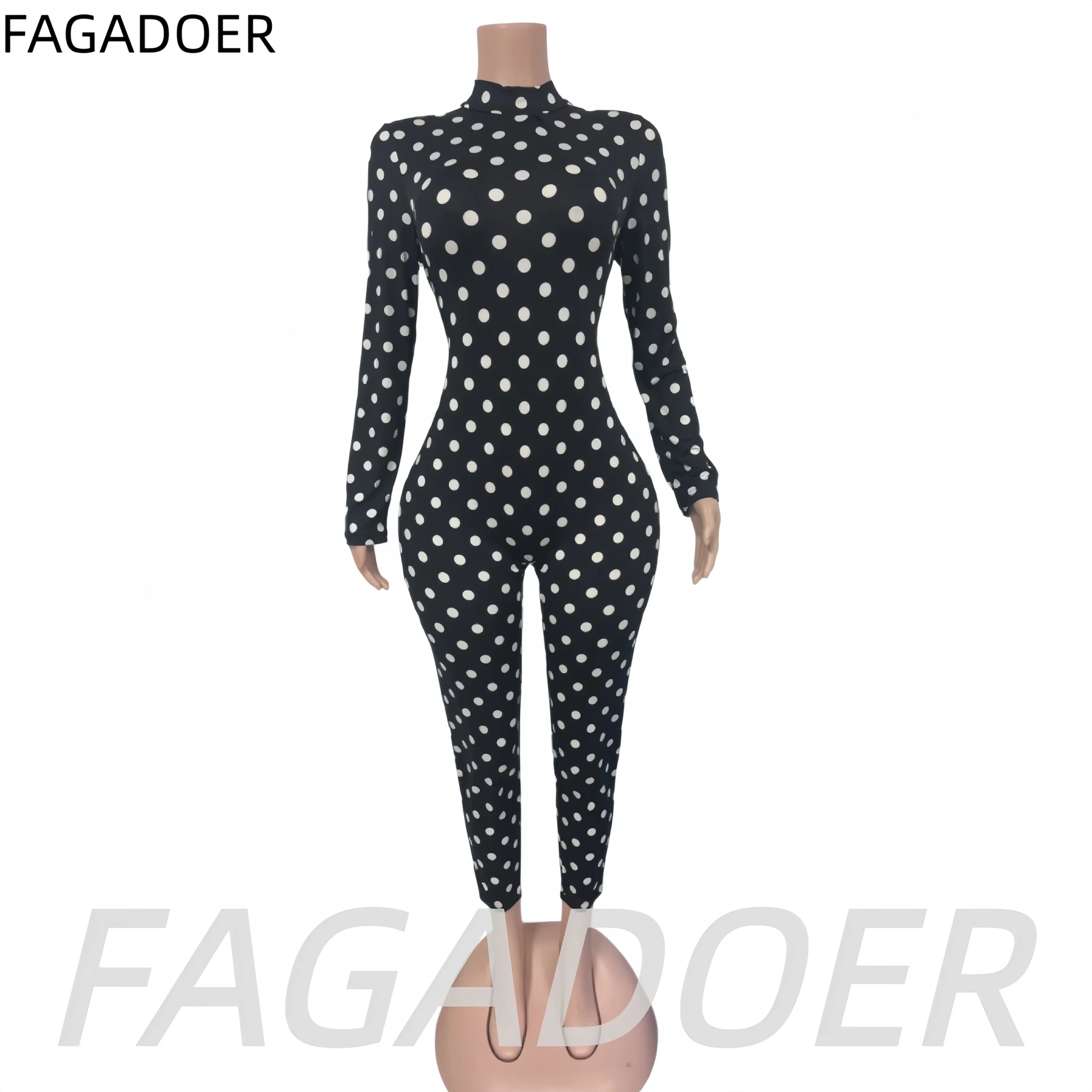 FAGADOER Sexy Women Polka Dot Bodycon Jumpsuit High Neck Long Sleeve Slim Fit One… - Image 5