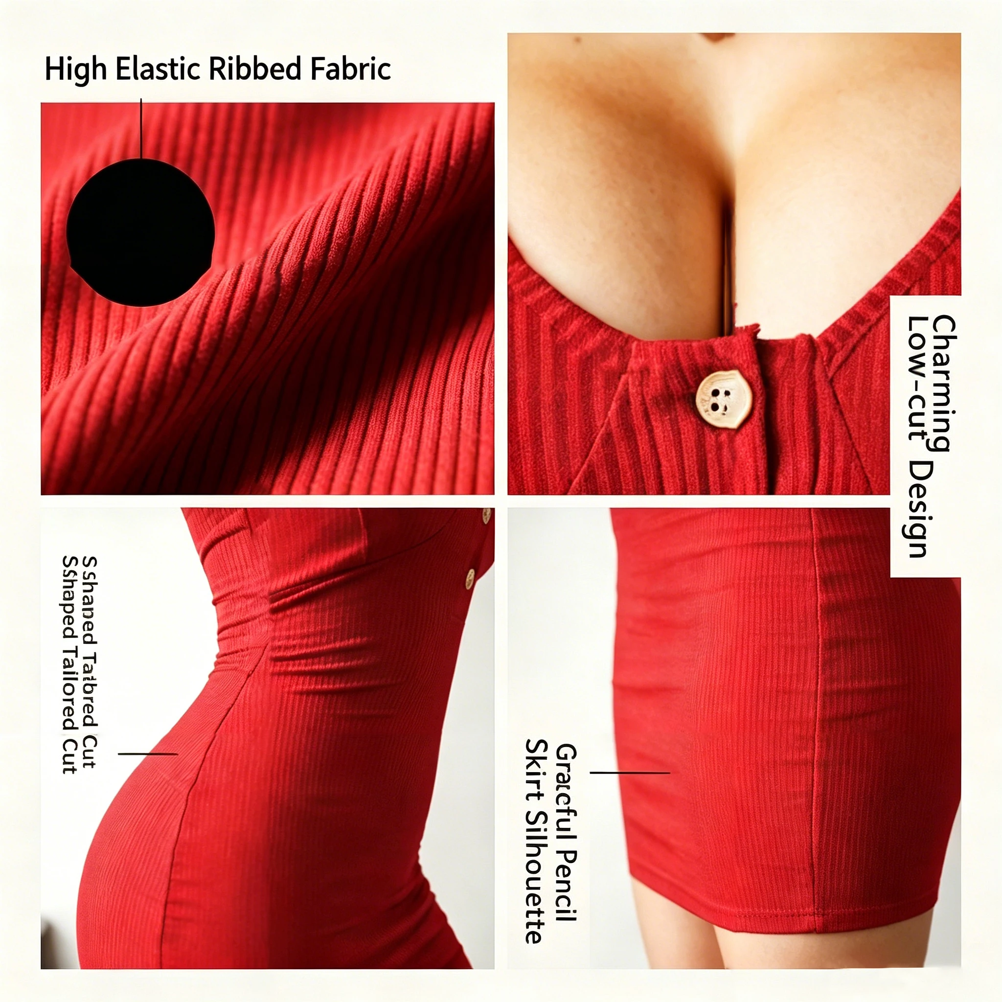American-Style Spicy Girl Red Ribbed Sleeveless Bodycon Mini Dress, Henley V-Neck… - Image 10