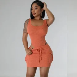 Knitted Ribbed 2 Piece Summer Sets Outfits Women Clothing Sporty Tank Bodysuit Top…