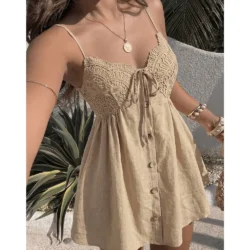 Women Casual Lace Spliced Cami Short Dress, Adjustable Tie‑Waist A‑Line Sleeveless…