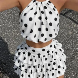 Elegant Polka Dot Print Off-Shoulder Top And Mini Cake Skirt Set for Women Spring…