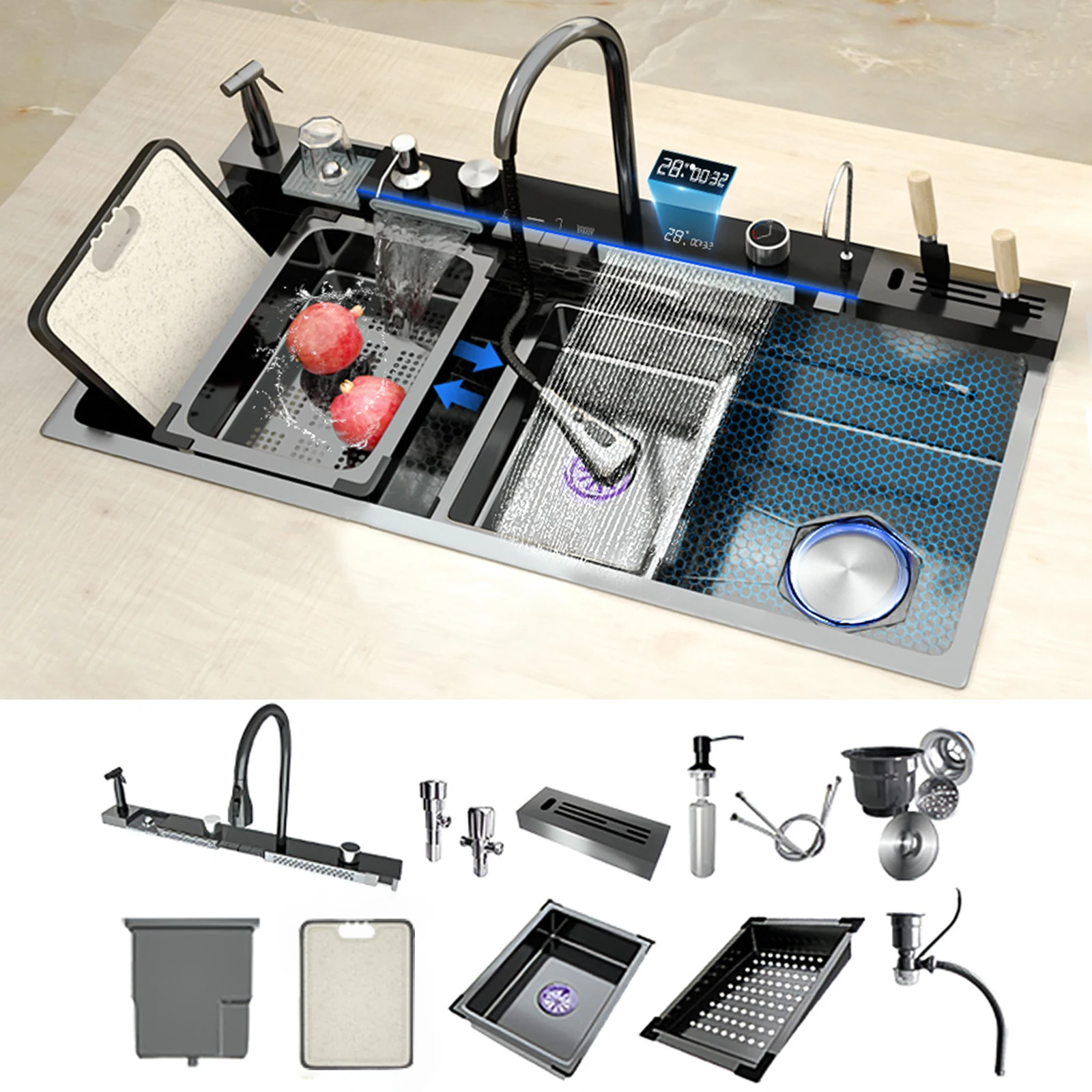 Multifunctional Sinks Stainless Steel Waterfall Kitchen Sink Includes 120 × 50… - Image 6