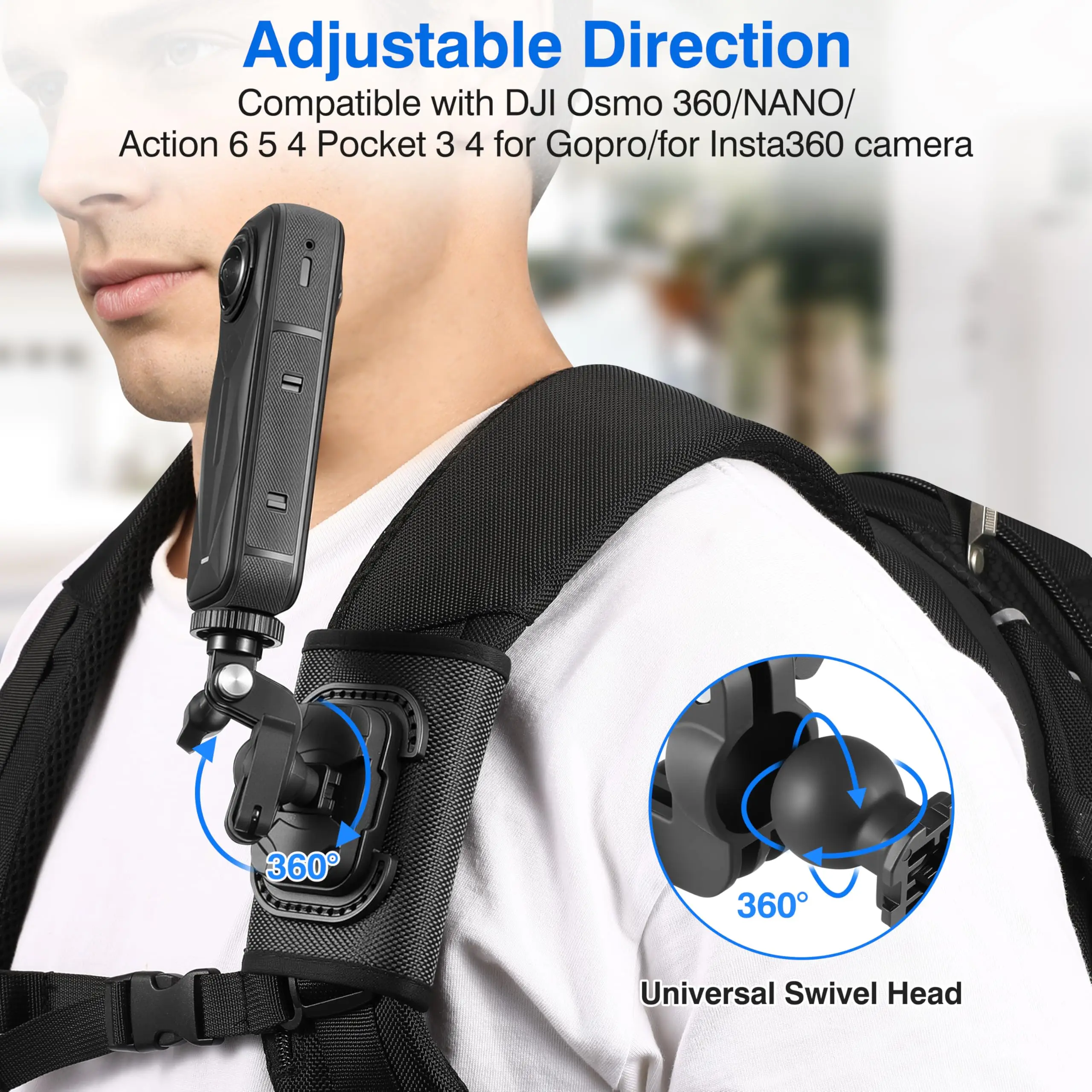 Backpack Mount for Insta360 Luna Ultra X6 X5 Air Ace Pro 2 Shoulder Strap Clip Holder 360° Adjust Quick Release for DJI Osmo 360 - Image 6