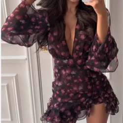 Women's Printed V-neck Short Sleeve Waist Cinching Mini Dress Chic A-line Bodycon…
