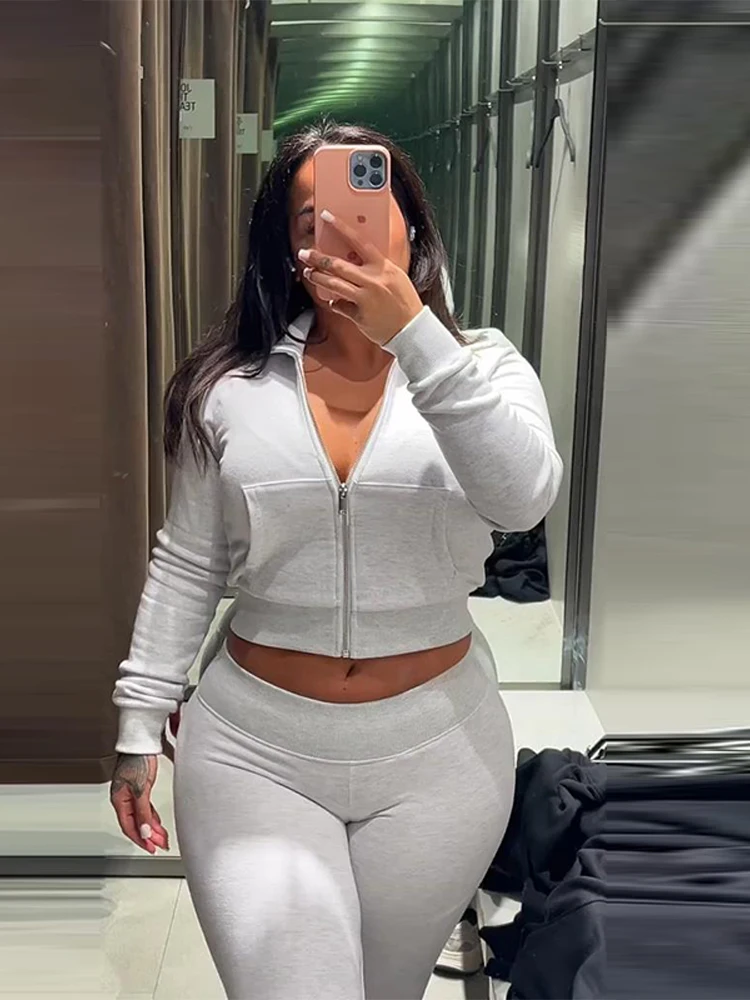 Zipper Plush Jacket Long Pants Lady Set Solid Color Lapel Jackets High Waist Slim… - Image 3