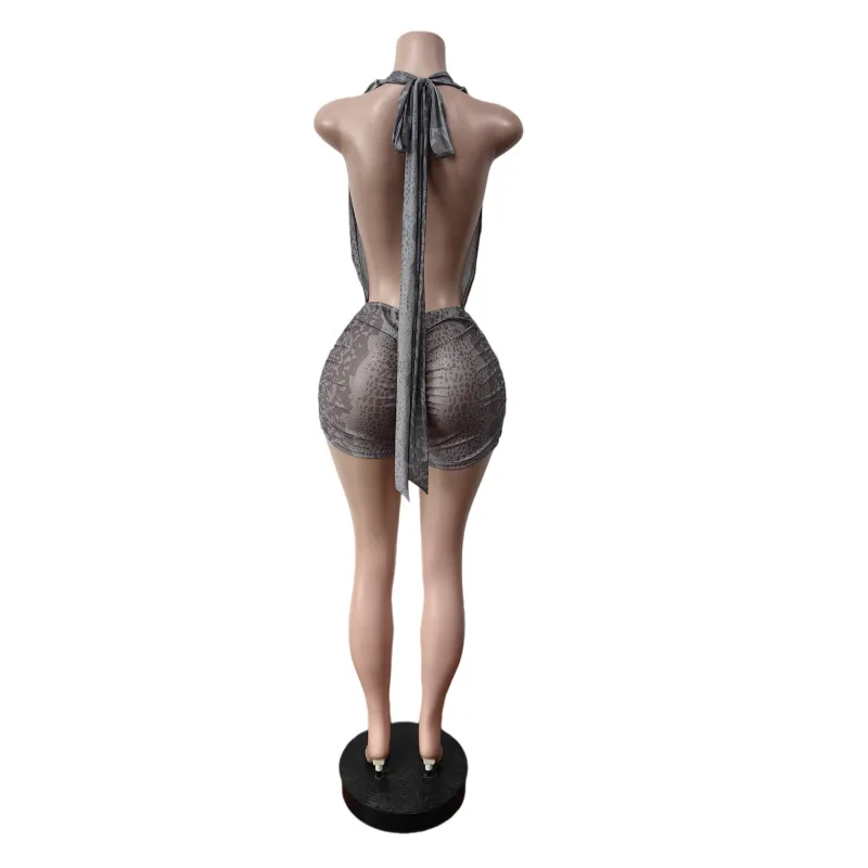 Summer Sexy Mesh Print Lace up Halter Backless Skinny Jumpsuits Women Baddies… - Image 5