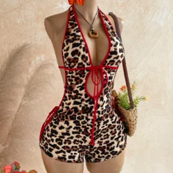 Vintage Melard Leopard Print Halter Neck Jumpsuit with Red Trim, Deep V Backless…