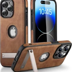 PU Leather Phone Case with Kickstand for iPhone 17 16 15 Pro Max 14 Plus 13 12 11 Mini Soft Grip Luxury Back Cover with Stand