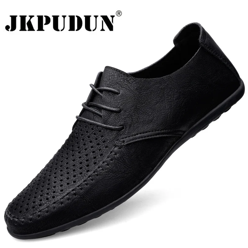 Summer Hollow Out Leather Shoes Men Luxury Italian Men Casual Handmade Moccasins Designer Breathable Boat Shoes Zapatos Hombre