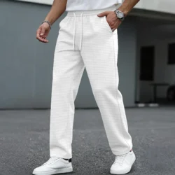 Autumn Men Waffle Texture Casual Pants Elastic Waist Drawstring Straight Leg Trousers Solid Loose Fashion Comfort Streetwear