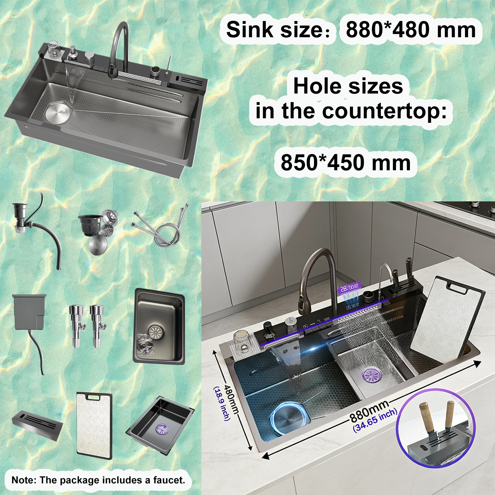 Multifunctional Sinks Stainless Steel Waterfall Kitchen Sink Includes 120 × 50… - Image 19