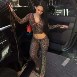 Newest Women Leopard‑Print 2‑Piece Matching Set Zip‑Up Long‑Sleeve Crop Top +…