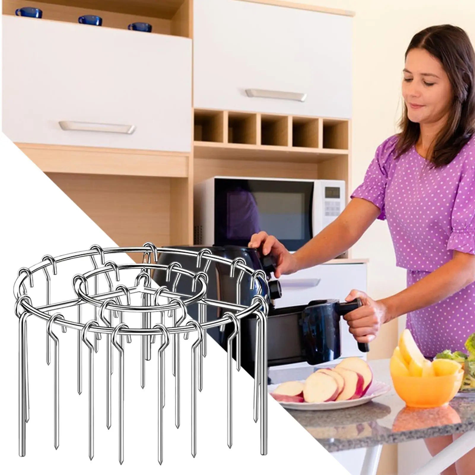 Portable Stainless Steel Air Fryer Grill Round with Grilled Skewers Hanging… - Image 9