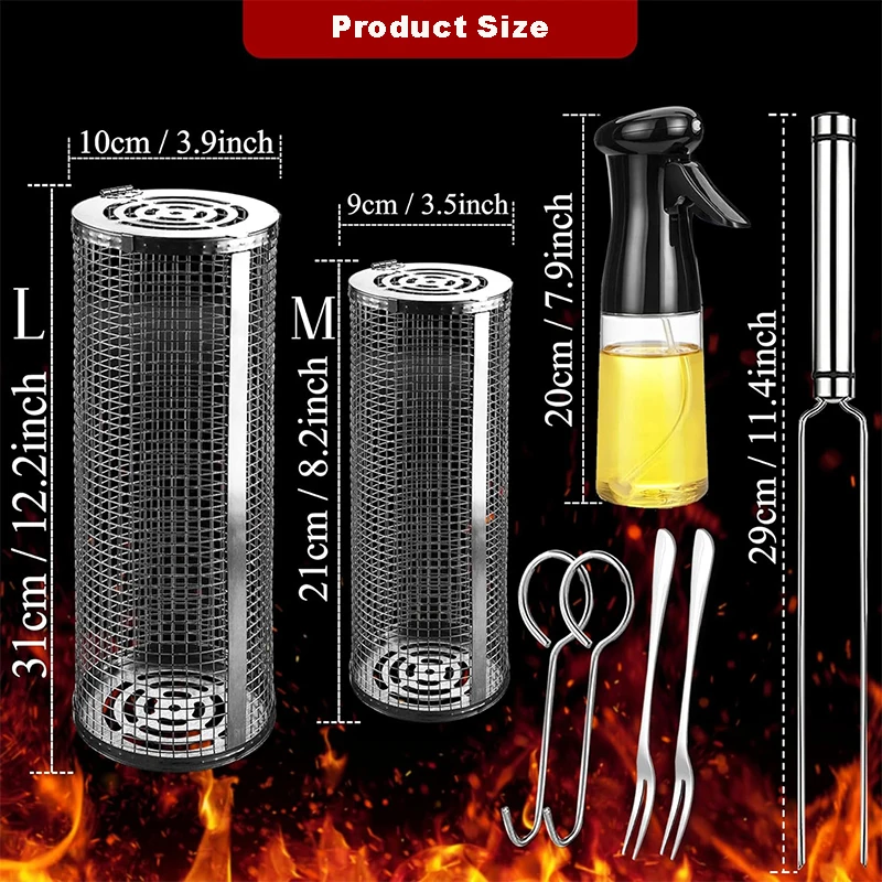 BBQ Basket Stainless Steel Rolling Grilling Basket Wire Mesh Cylinder Grill Basket Portable Round Outdoor Camping Barbecue Rack - Image 5
