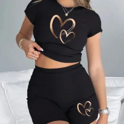 Summer Women Slim-fit T-Shirts & Shorts 2 Pieces Set Simple Hearts Pattern Prints…