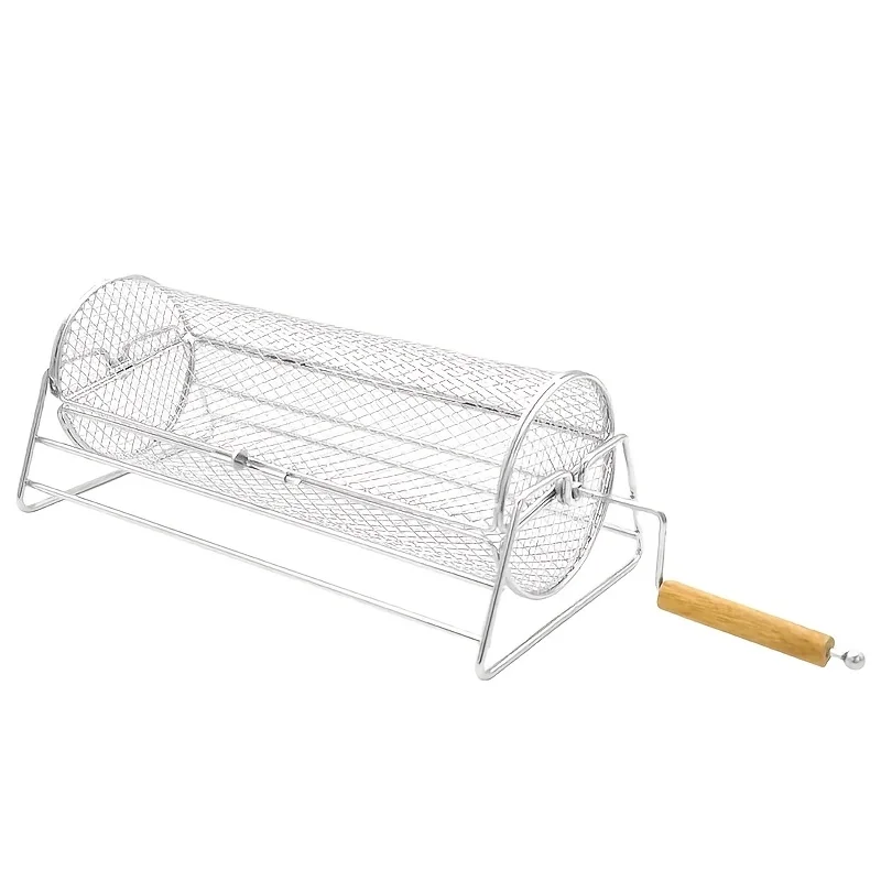 Rolling BBQ Grill Basket Cylinder Rotating 430 Stainless Steel Wooden Handle for… - Image 8